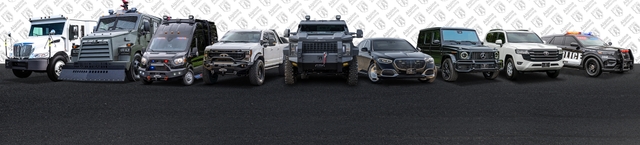 A lineup of eight armored or heavily modified trucks and SUVs from Alpine Armoring is displayed on a black surface with a white patterned background. The vehicles vary in size, color, and modifications, including police, military, and utility models.