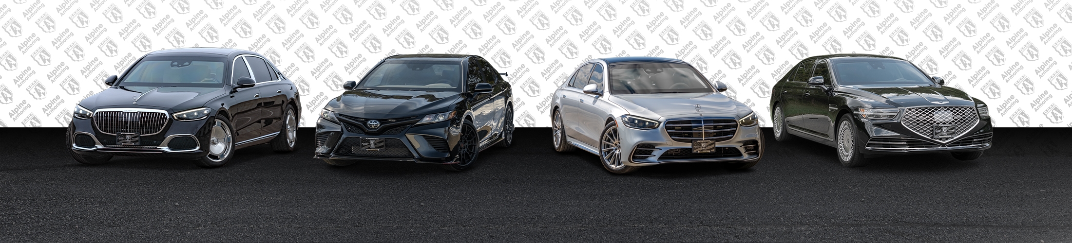 Four luxury sedans from Alpine Armoring are parked side by side against a patterned background. They vary in colors: black, dark gray, silver, and dark green, showcasing different designs and models.