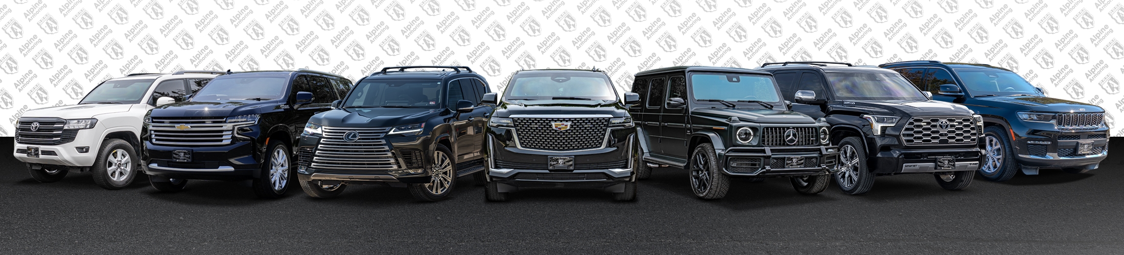  A lineup of seven luxury SUVs from Alpine Armoring in various colors, including white, black, and dark blue, parked side by side on a black road. The cars have prominent grills and sleek designs, showcasing different brands and styles.