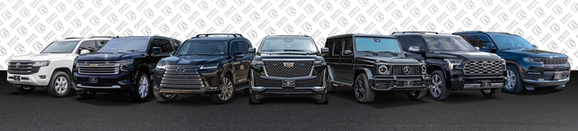  A lineup of seven luxury SUVs from Alpine Armoring in various colors, including white, black, and dark blue, parked side by side on a black road. The cars have prominent grills and sleek designs, showcasing different brands and styles.