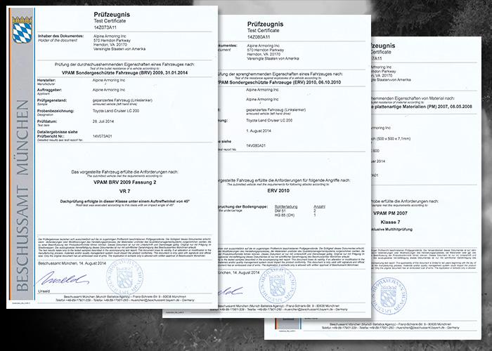 Three official certificates printed in German, labeled "Beschussamt München," with blue and white crests on the left side. The documents contain text, signatures, and an official stamp.