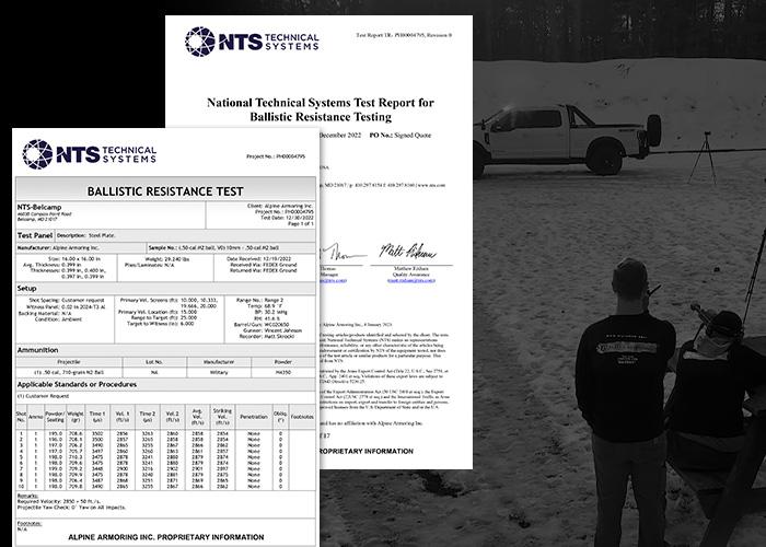 A ballistic resistance test report from NTS Technical Systems. The background shows two individuals observing a test involving a white truck in a snowy outdoor setting.