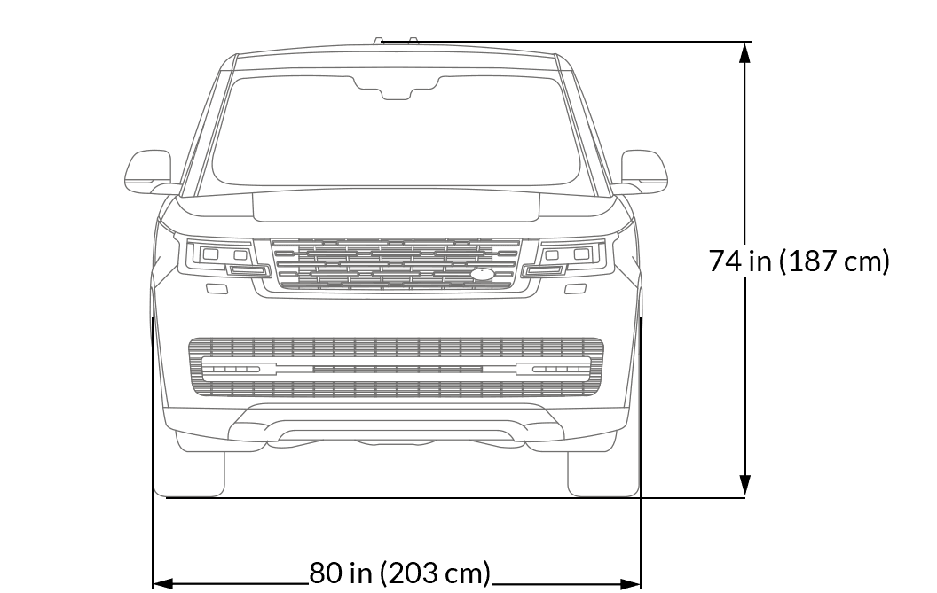 Line drawing of the front view of a Range Rover Autobiography SUV with visible details of the grille, headlights, and side mirrors.