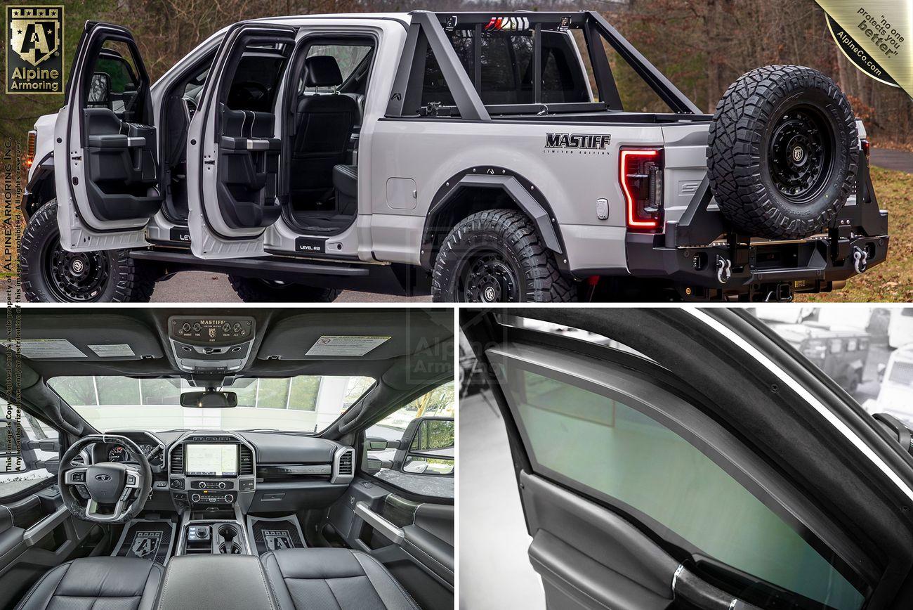 A collage of three photos of a customized Mastiff with open doors, showcasing its interior. Features include black leather seats, a touchscreen dashboard, and tinted windows and bulletproof glass. A spare tire is mounted on the back.