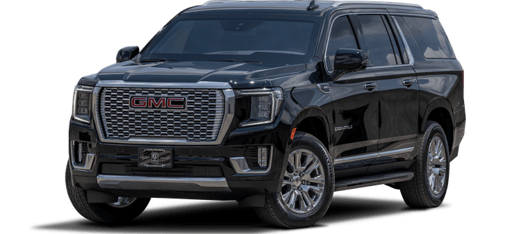 A sleek black GMC Denali SUV is parked, showcasing its front and side profile. The vehicle features a prominent grille, silver accents, and large alloy wheels.