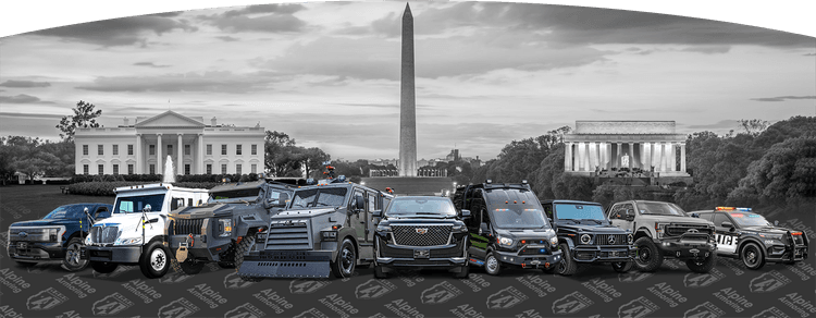 Various armored vehicles from Alpine Armoring, including SWAT, tactical, and luxury units, displayed in front of Washington, D.C. landmarks.