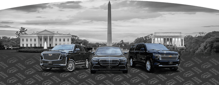 Three luxury armored rental vehicles including a Cadillac SUV, a Mercedes sedan, and a Chevrolet SUV, displayed in front of Washington, D.C. landmarks.