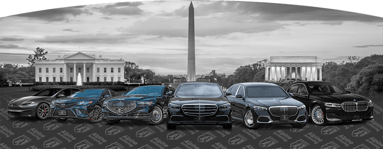 A lineup of six luxury armored sedans from Alpine Armoring, including brands like Mercedes, BMW, and Cadillac, displayed in front of Washington, D.C. landmarks.