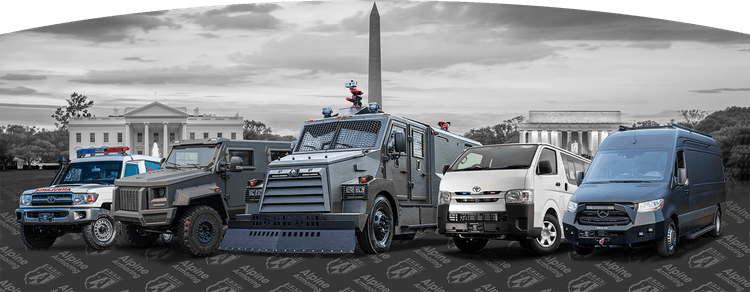 A lineup of various armored specialty vehicles in front of iconic Washington, D.C. landmarks including the White House, the Washington Monument, and the Lincoln Memorial. 