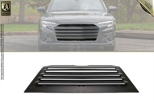 A black car with a custom horizontal grille is on the top half of the image. Below it, a close-up of a black louvered panel is displayed. Alpine Armoring Inc. logo is on the top left corner.