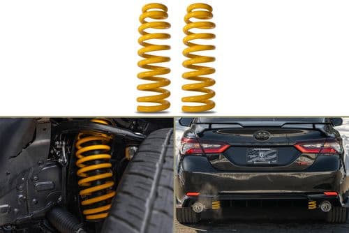 The image shows yellow automotive coil springs, one installed on a car's suspension and two standalone. The bottom right image shows the rear view of the black car with the installed springs visible.