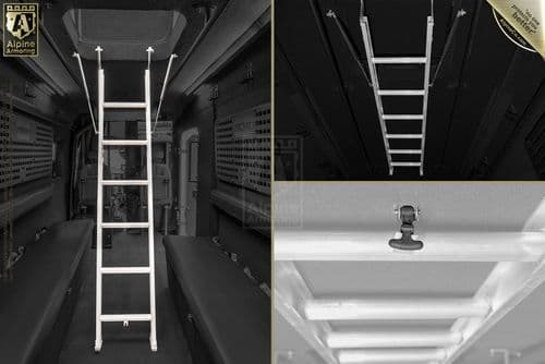 A foldable metallic ladder attached to the ceiling of a vehicle interior is shown in different positions and angles.