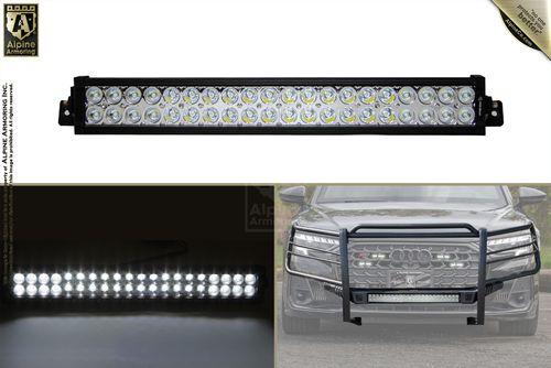 A multi-section image: Top shows an LED light bar; bottom left shows the LEDs illuminated; bottom right displays a vehicle with the light bar mounted.