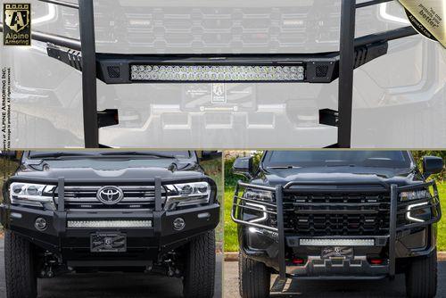 Three images of truck front ends with custom-installed Alpine Armoring accessories, showcasing different angles and lighting conditions. The trucks are equipped with protective grilles and LED light bars.