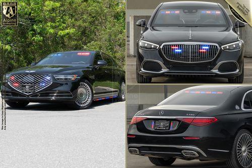 A black luxury sedan with LED lights on the front grille, rear, and top, shown in three different angles. The car is on a road with greenery in the background.