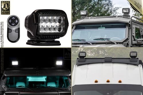 Various LED light pods and bars mounted on vehicles, with close-up and wide shots, including views of the lights illuminated and a remote control for operation.