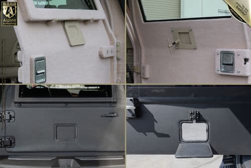 Four close-up images of vehicle doors showcasing various interior door panels and locking mechanisms, with a logo labeled "Alpine Armoring" in the top left corner.