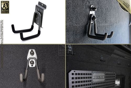 Four images showing different types of wall-mounted storage hooks, each designed to hold items for organization. The hooks are mounted on various surfaces including wood and metal.