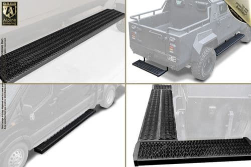 Four images displaying a black side step for a truck, including close-ups and the side step installed on a vehicle from various angles.