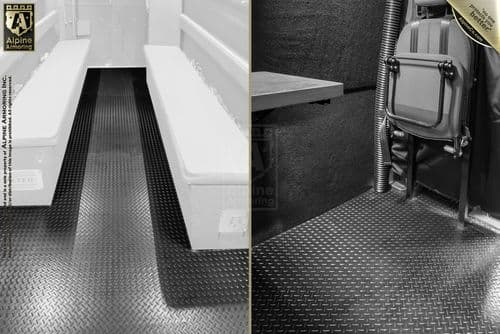 A split-screen image showing a diamond-patterned floor in a white vehicle with bench seats on the left and a section of a compact workstation on the right.