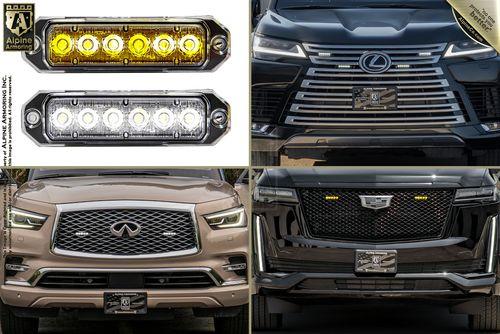 Four vehicles with different front grille designs and LED light installations: top-left shows yellow LED lights, bottom-left shows white LED lights, top-right and bottom-right show car grilles.