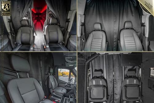 This collage features four images of a van's interior, showcasing different seating areas with black leather seats. The seats are arranged in pairs, separated by privacy curtains in each image.