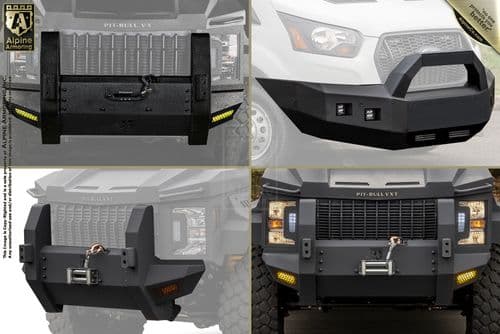 Four images showing different views of the Alpine Armoring Pit-Bull VX vehicle, focusing on the front bumper design and features, including winch mounts and towing capabilities.