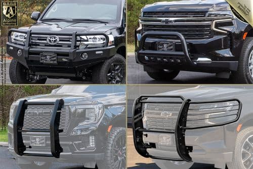 Four images display various styles of black bull bars and grille guards installed on the front of different SUVs, showcasing front-end protective accessories by Alpine Armoring.