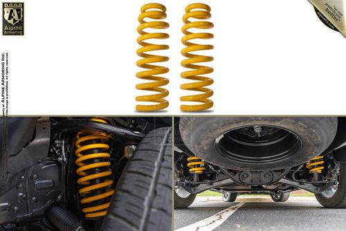 The image shows yellow coil springs, their installation in a vehicle's suspension system, and a close-up of the vehicle undercarriage with the springs installed.