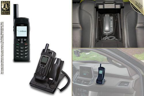 Various views and setups of Iridium satellite phones, including a handheld model, a docked setup, an in-car compartment installation, and a dashboard-mounted configuration.