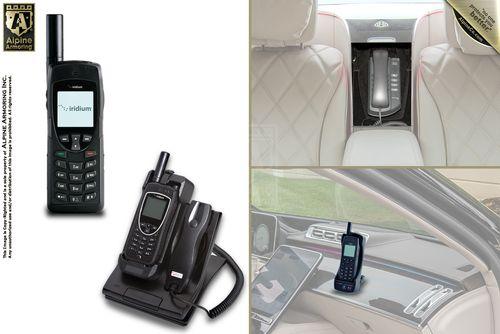 A collage of images showing a black Iridium satellite phone, the phone in a docking station, and installed in a vehicle. Interior shots of the vehicle's back seat and dashboard feature the phone.