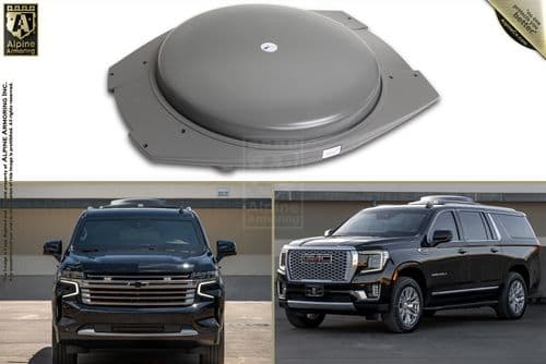 A round black rooftop antenna mount is shown above two images of black SUVs. The left SUV is an armored Chevrolet truck, and the right SUV is a GMC armored truck.