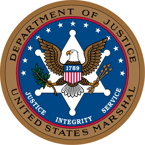 Seal of the Department of Justice, United States Marshals, featuring an eagle, shield, arrows, olive branch, and the words "Justice, Integrity, Service.