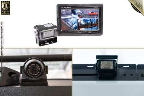 Images showing a camera surveillance system by Alpine Armoring Inc., featuring a monitor displaying multiple camera feeds and close-up shots of the cameras mounted in different positions.