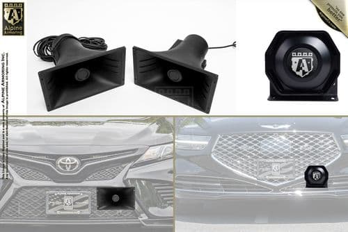 Image showing two black speaker horns on the left, a black siren speaker on the right, and two close-up shots below detailing the installation of the siren on different car grilles.