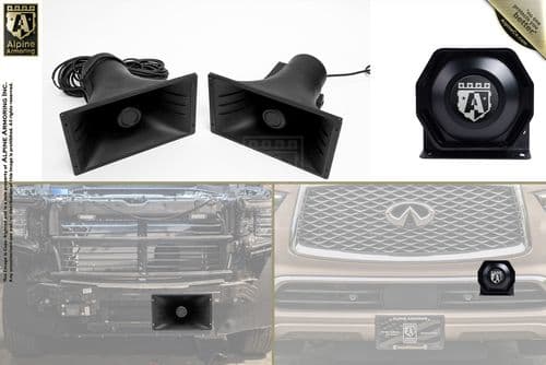 Image showcasing two black loudspeakers, one black siren, and a car grille, with one of the loudspeakers installed at the front of an Infiniti vehicle. The brand Alpine Armoring is visible.