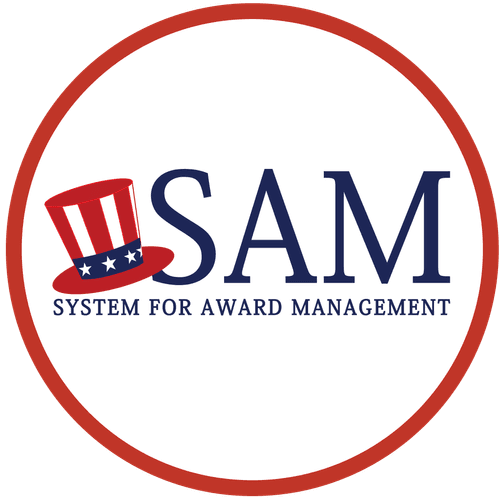 Logo for the System for Award Management (SAM) featuring "SAM" in large blue letters, with a red, white, and blue Uncle Sam hat next to it, and the words "System for Award Management" underneath.