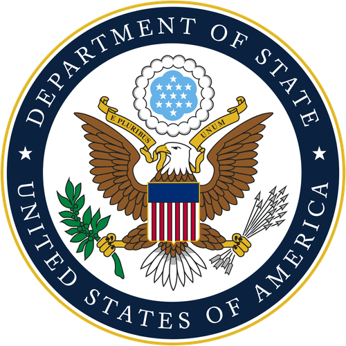 Seal of the United States Department of State featuring a bald eagle holding an olive branch and arrows, with a blue shield and stars, surrounded by text "Department of State, United States of America.