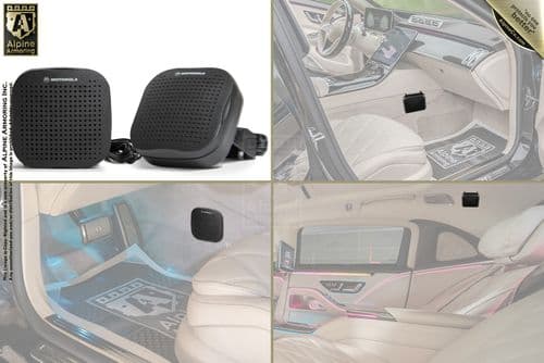 Two black Motorola speakers are shown in the top left, with three images depicting their placement inside a car's interior, showcasing different positions for optimal sound. Alpine Armoring branding is visible.