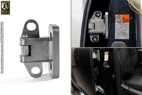 Close-up of a car door hinge and various angles of its installation in a vehicle, showing the hinge mechanism and warning label.