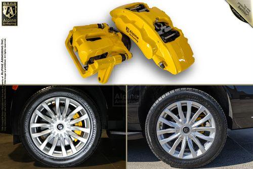 A yellow brake caliper displayed above two images of car wheels with silver rims and yellow brake calipers installed.