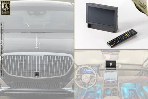 Image collage showing a front view of a luxury car with a prominent grille logo, a freestanding monitor with a remote control, and an interior car dashboard equipped with a screen and ambient lighting.