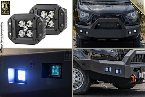 Quad-image showing Alpine Armor high-intensity LED lights, their front view, two installed on a vehicle's front bumper and their blue light emission at night.