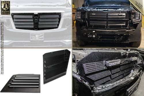 Four images showing different views of a truck's grill, with modifications to enhance performance, including a close-up of the grill, the grill installed, and components laid out separately.