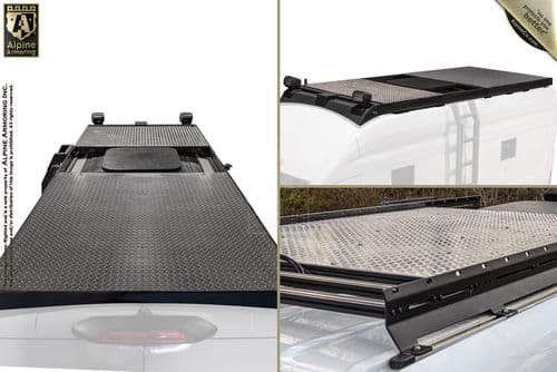 Three images show a roof rack system by Alpine Armoring. The top left image shows a full rack. The top right and bottom right images show close-ups of the side and front sections.