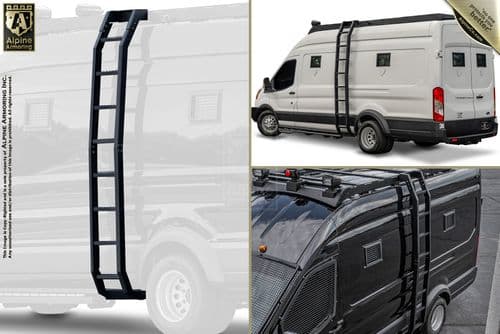 A composite image fe a white van with the laddaturing a black van/truck ladder on the left and top right images showinger attached on its side, and the bottom right image showing a black van with roof attachments.