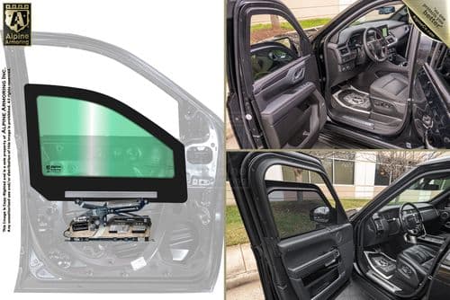 A collage of three images shows an automotive window assembly, the interior of a vehicle's front cabin, and the interior of the rear cabin. Components and door design are highlighted.